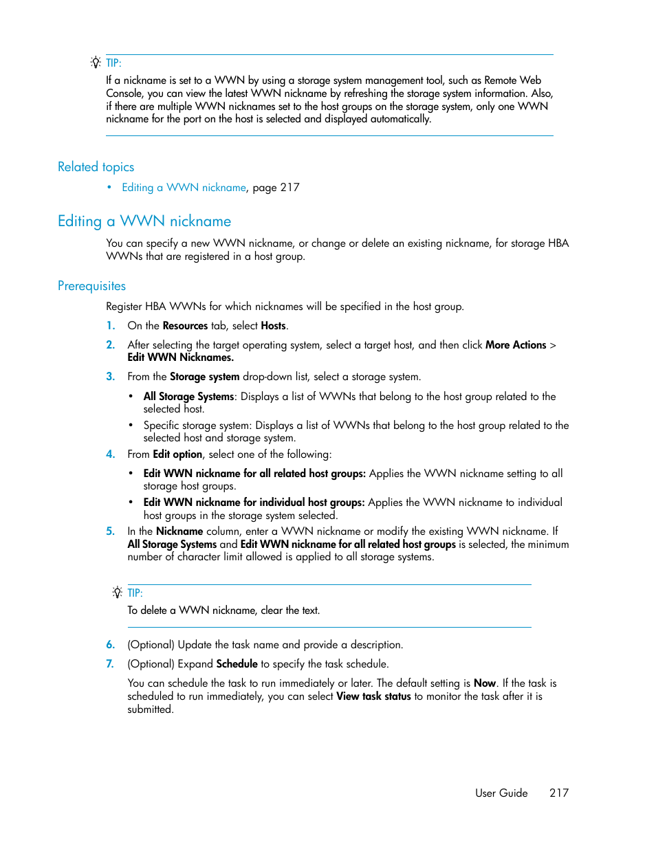 Editing a wwn nickname | HP XP Array Manager Software User Manual | Page 217 / 282