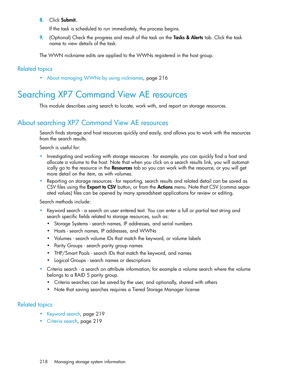 Searching xp7 command view ae resources, About searching xp7 command view ae resources | HP XP Array Manager Software User Manual | Page 218 / 282