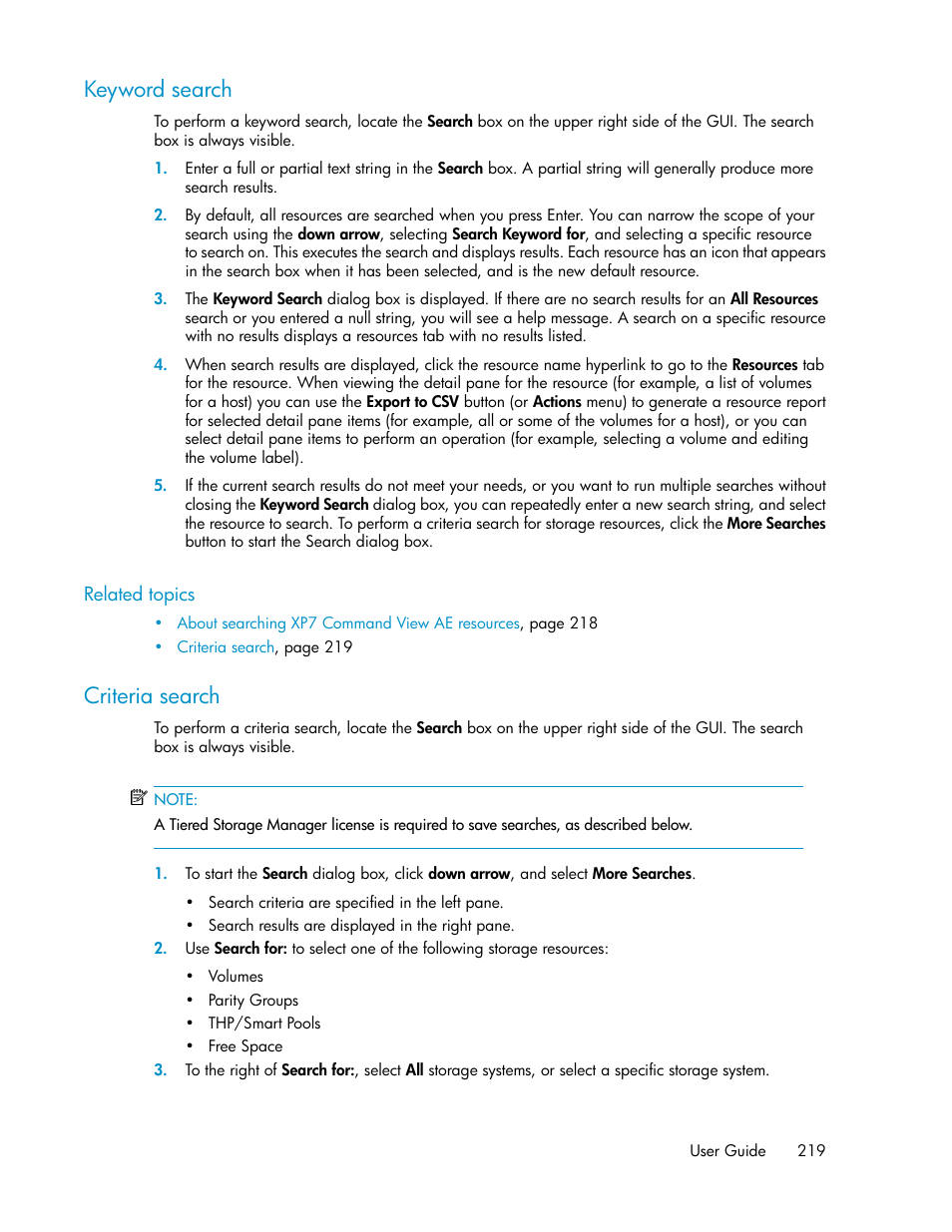 Keyword search, Criteria search, 219 criteria search | HP XP Array Manager Software User Manual | Page 219 / 282