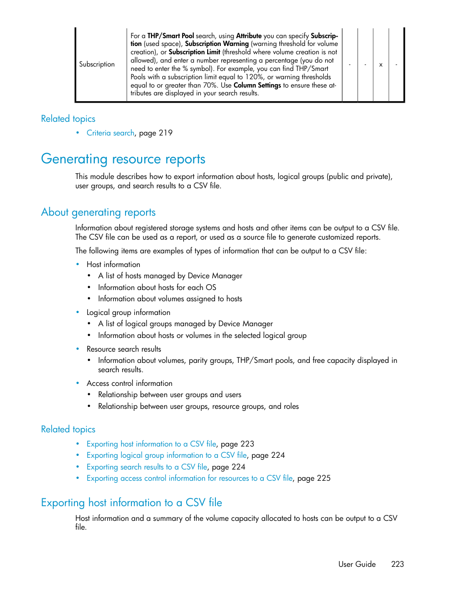 Generating resource reports, About generating reports, Exporting host information to a csv file | 223 exporting host information to a csv file | HP XP Array Manager Software User Manual | Page 223 / 282