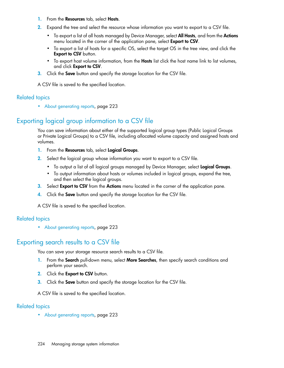 Exporting logical group information to a csv file, Exporting search results to a csv file, 224 exporting search results to a csv file | HP XP Array Manager Software User Manual | Page 224 / 282