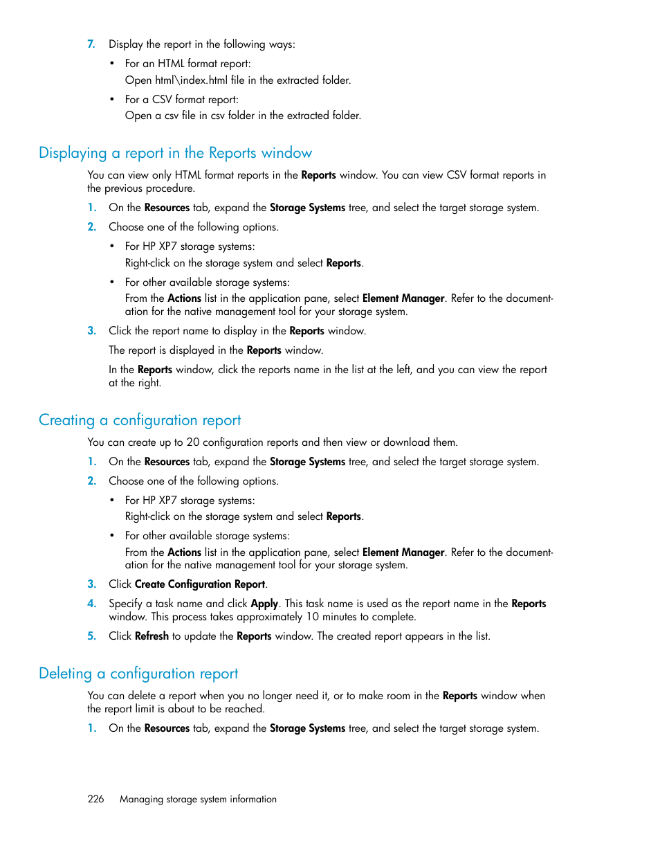 Displaying a report in the reports window, Creating a configuration report, Deleting a configuration report | 226 creating a configuration report, 226 deleting a configuration report | HP XP Array Manager Software User Manual | Page 226 / 282