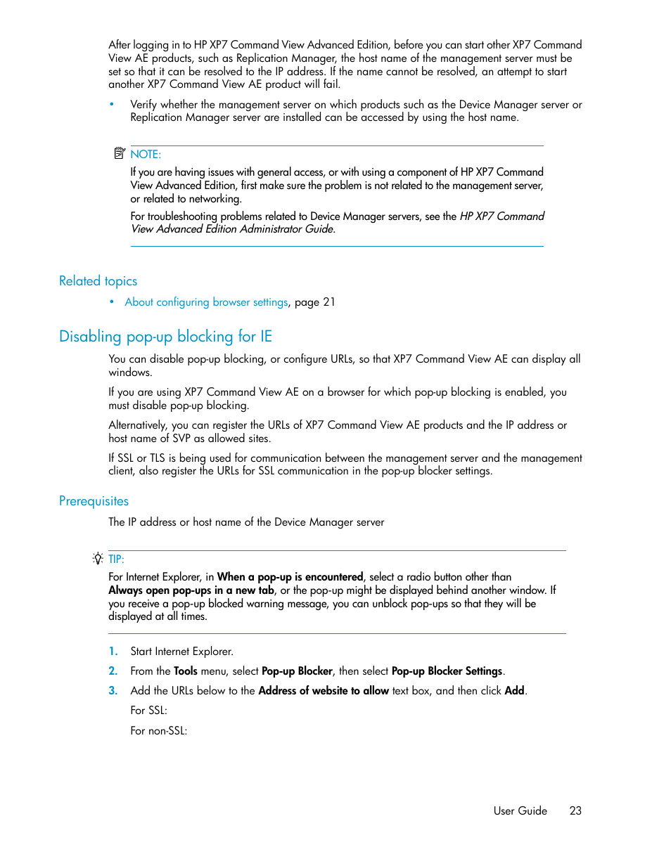 Disabling pop-up blocking for ie | HP XP Array Manager Software User Manual | Page 23 / 282