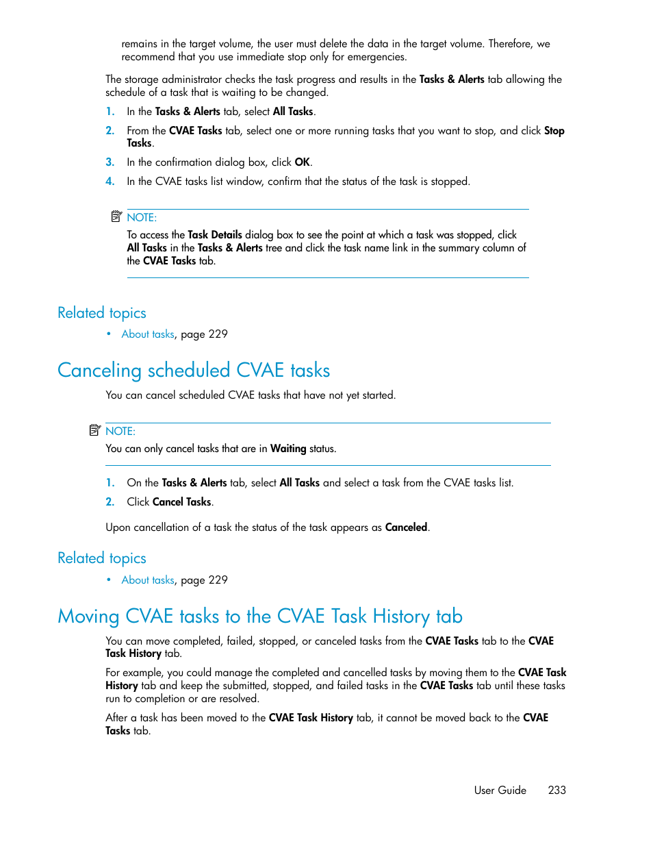 Canceling scheduled cvae tasks, Moving cvae tasks to the cvae task history tab, 233 moving cvae tasks to the cvae task history tab | Related topics | HP XP Array Manager Software User Manual | Page 233 / 282