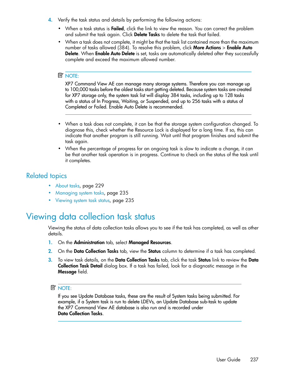 Viewing data collection task status, Related topics | HP XP Array Manager Software User Manual | Page 237 / 282