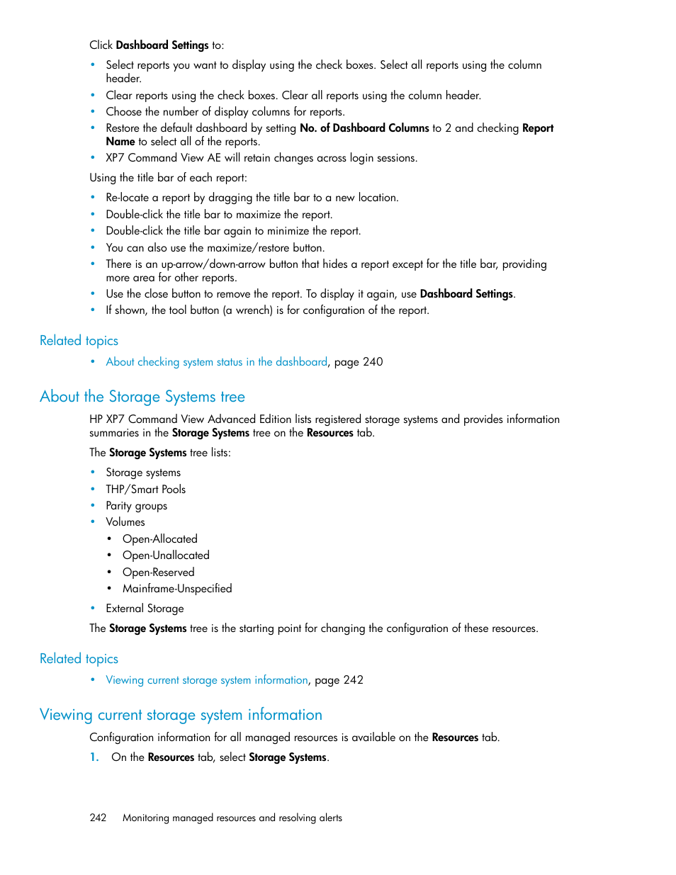 About the storage systems tree, Viewing current storage system information, 242 viewing current storage system information | HP XP Array Manager Software User Manual | Page 242 / 282