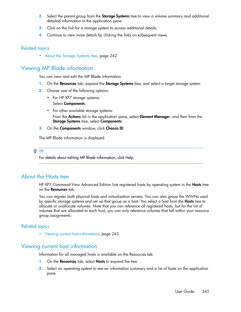 Viewing mp blade information, About the hosts tree, Viewing current host information | 243 about the hosts tree, 243 viewing current host information | HP XP Array Manager Software User Manual | Page 243 / 282