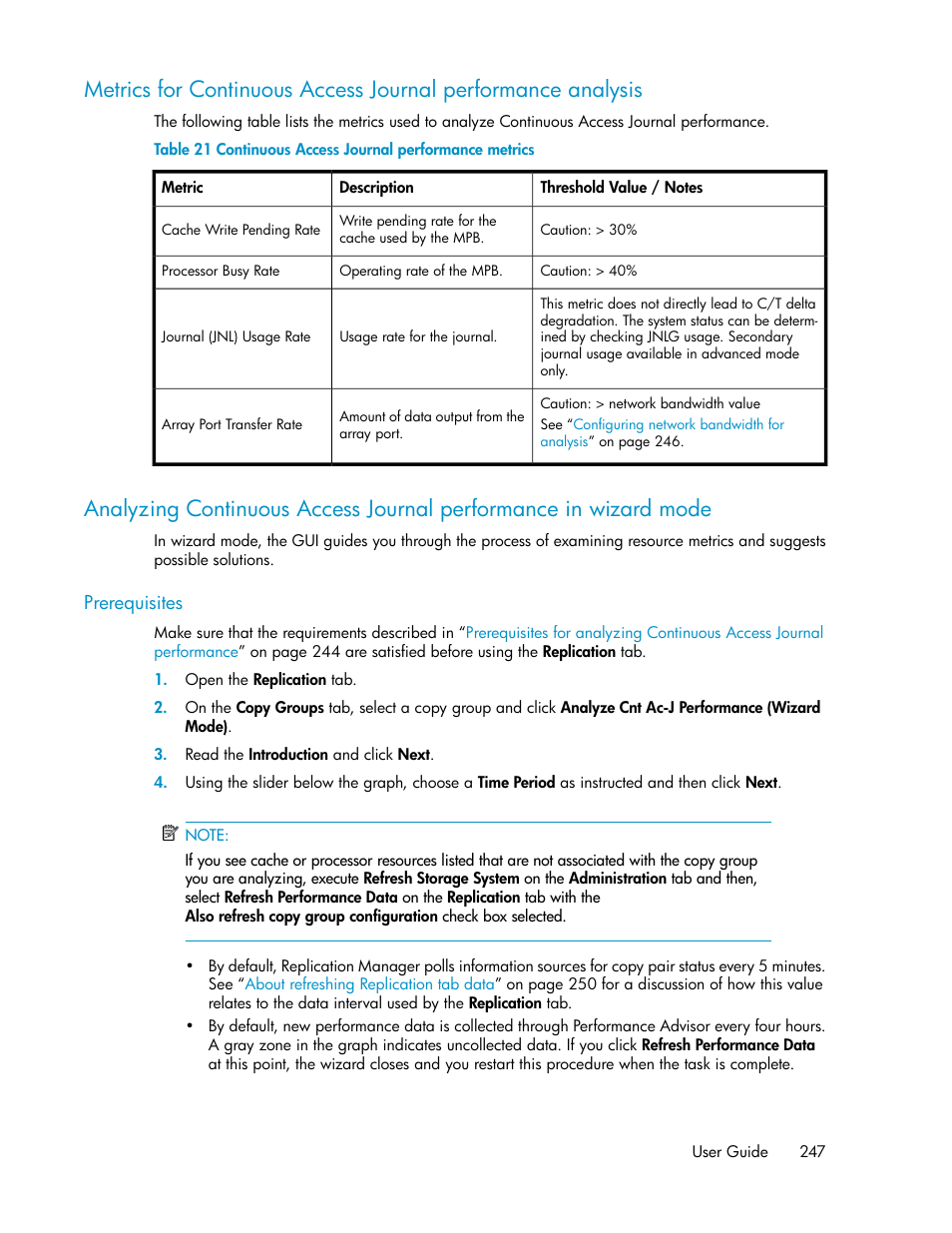 Continuous access journal performance metrics, Analyzing continuous access journal per, Formance in wizard mode | HP XP Array Manager Software User Manual | Page 247 / 282