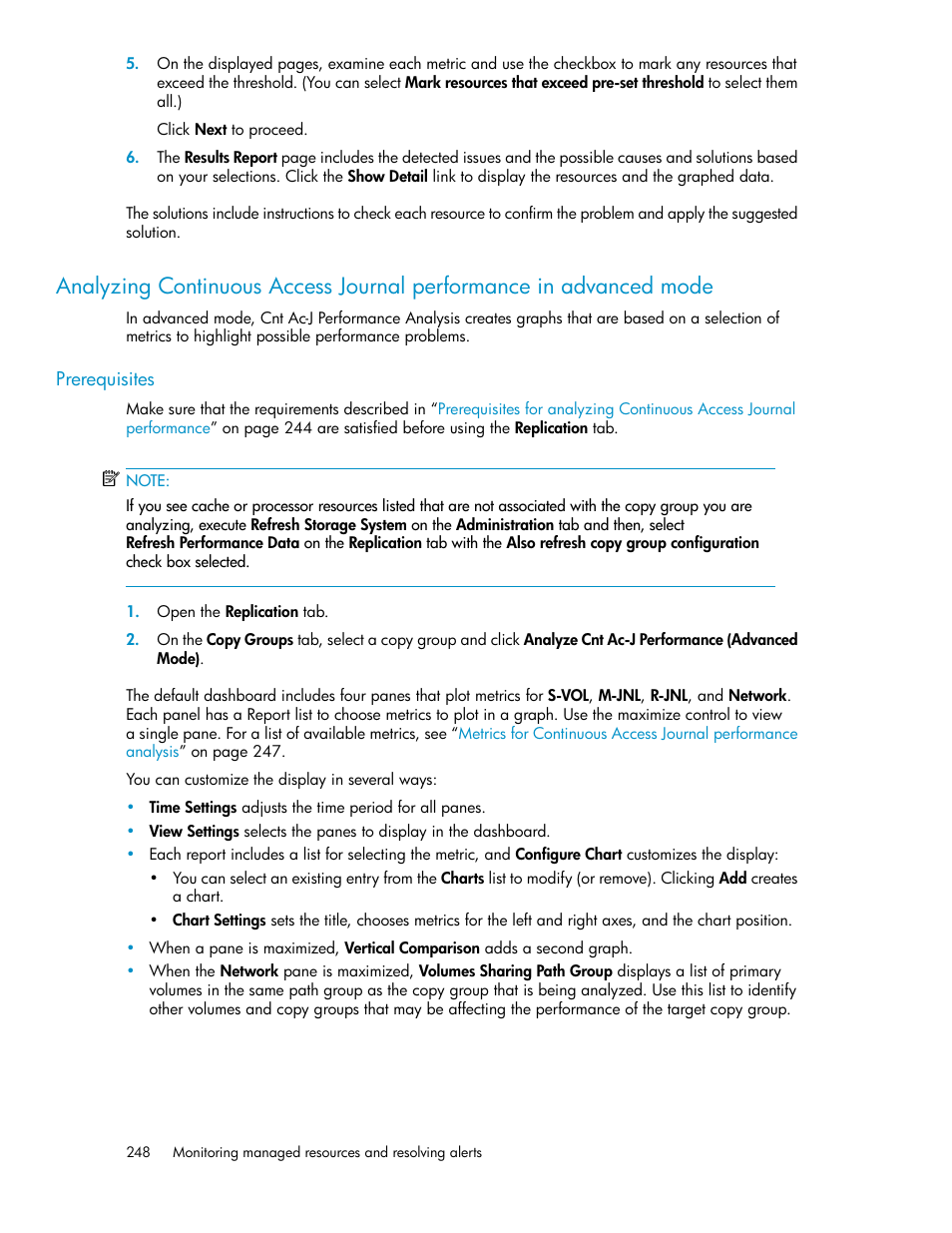 Analyzing continuous access journal perform, Ance in advanced mode | HP XP Array Manager Software User Manual | Page 248 / 282