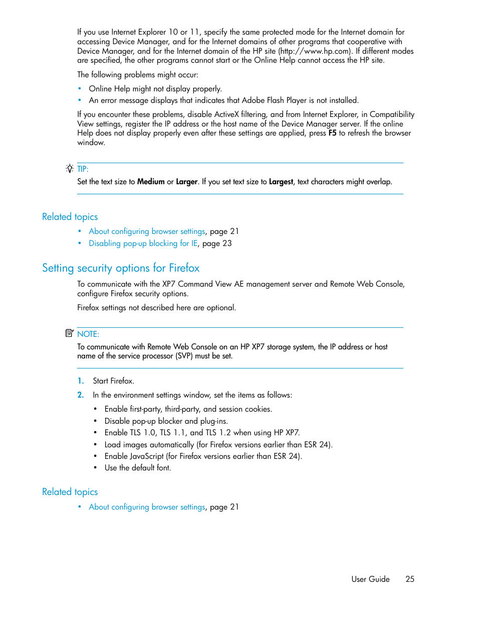 Setting security options for firefox | HP XP Array Manager Software User Manual | Page 25 / 282