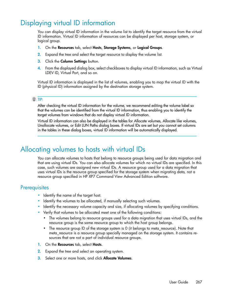 Displaying virtual id information, Allocating volumes to hosts with virtual ids, 267 allocating volumes to hosts with virtual ids | Prerequisites | HP XP Array Manager Software User Manual | Page 267 / 282