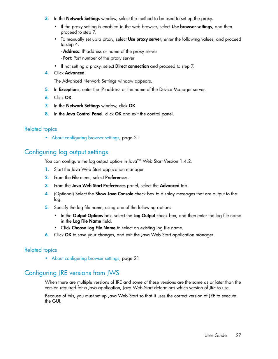 Configuring log output settings, Configuring jre versions from jws, 27 configuring jre versions from jws | HP XP Array Manager Software User Manual | Page 27 / 282