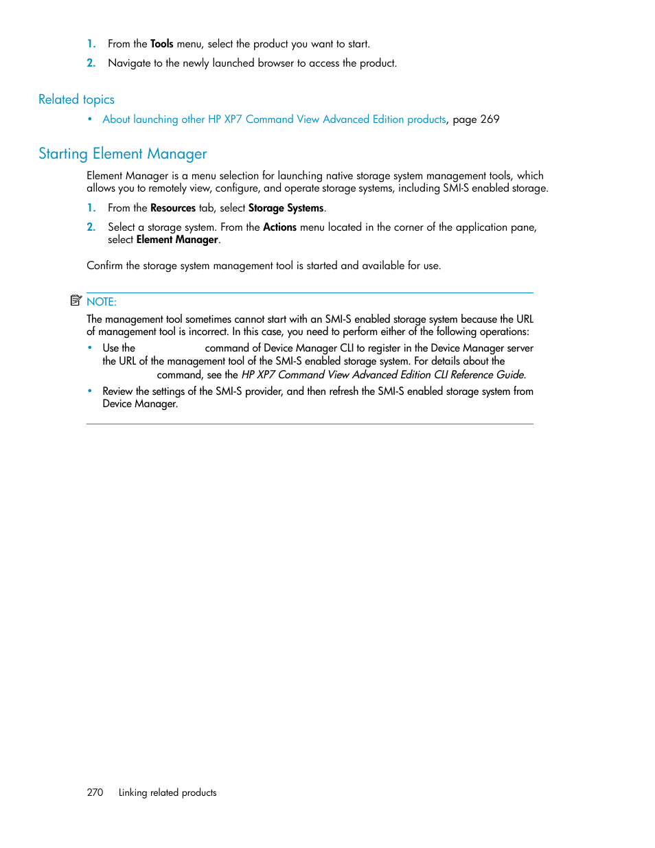 Starting element manager | HP XP Array Manager Software User Manual | Page 270 / 282