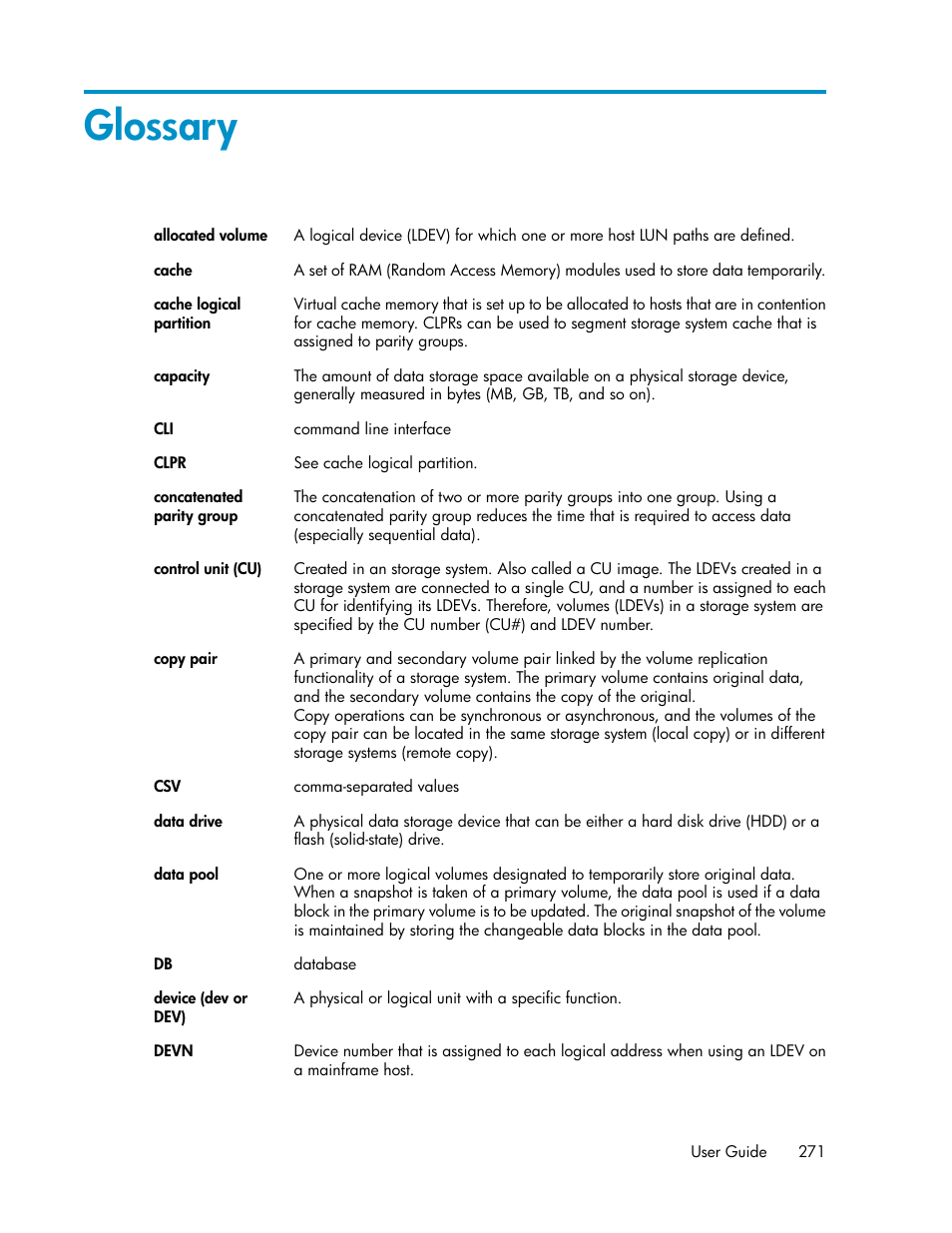 Glossary | HP XP Array Manager Software User Manual | Page 271 / 282