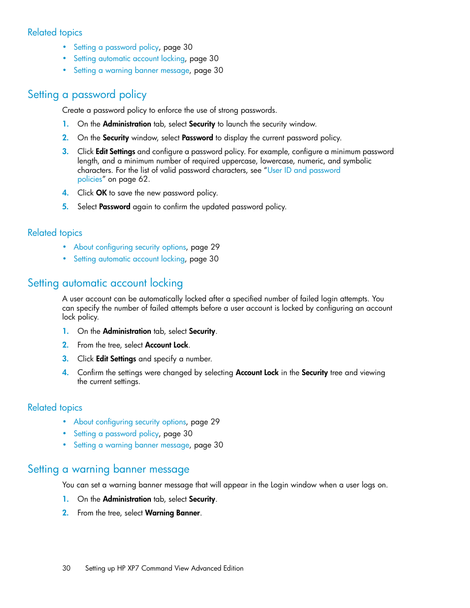 Setting a password policy, Setting automatic account locking, Setting a warning banner message | 30 setting automatic account locking, 30 setting a warning banner message | HP XP Array Manager Software User Manual | Page 30 / 282