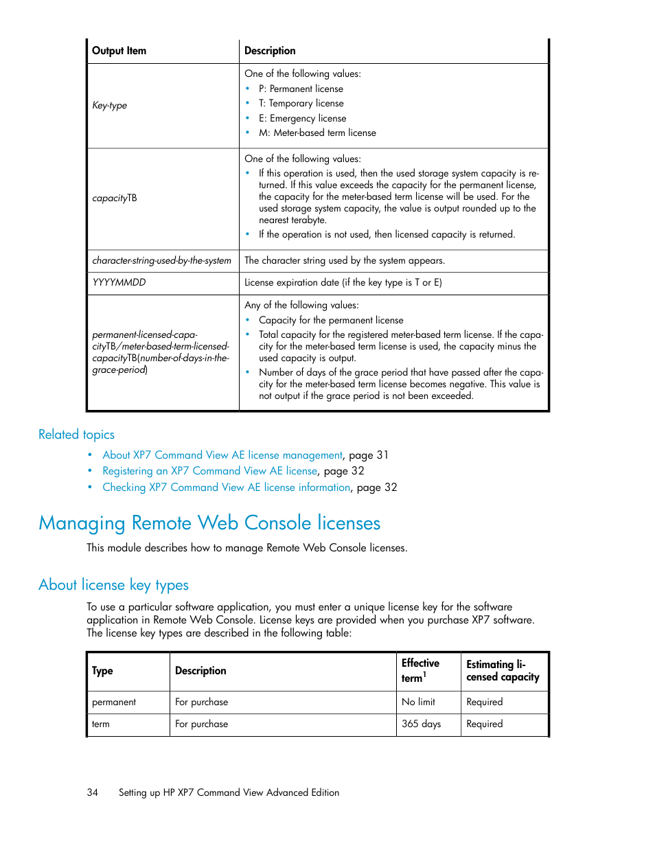 Managing remote web console licenses, About license key types | HP XP Array Manager Software User Manual | Page 34 / 282