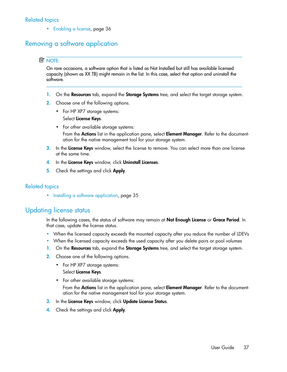 Removing a software application, Updating license status | HP XP Array Manager Software User Manual | Page 37 / 282