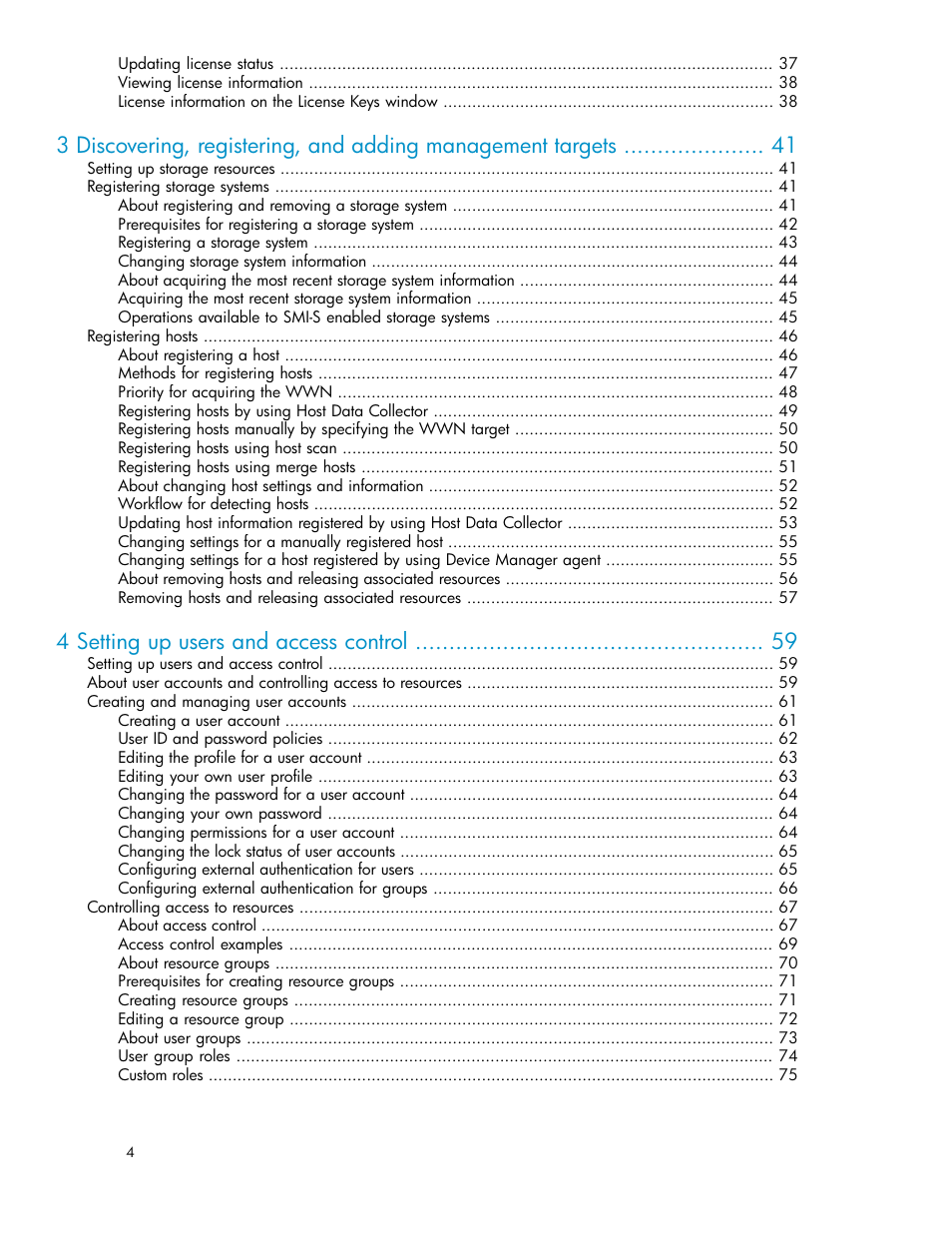 4 setting up users and access control | HP XP Array Manager Software User Manual | Page 4 / 282