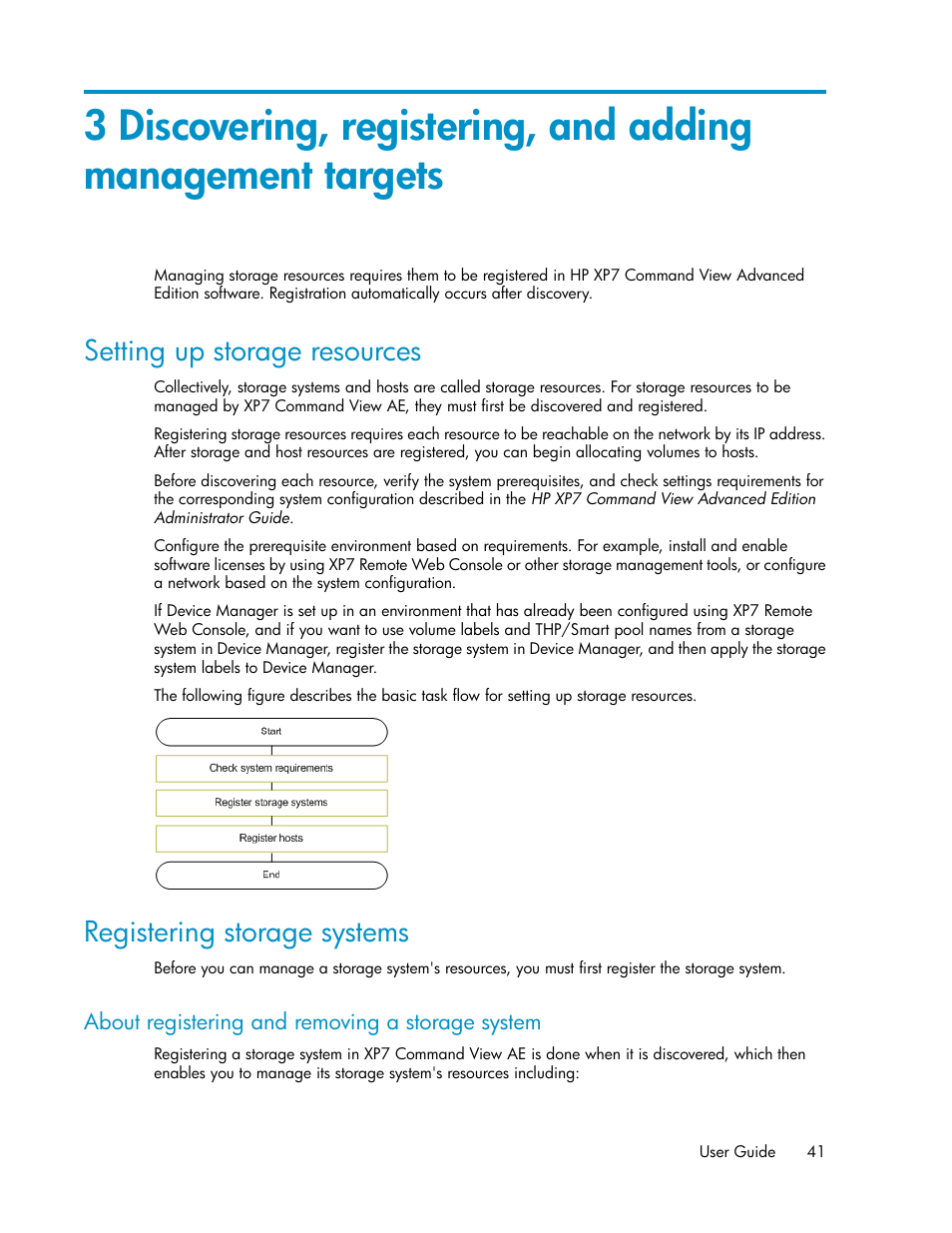 Setting up storage resources, Registering storage systems, About registering and removing a storage system | 41 registering storage systems | HP XP Array Manager Software User Manual | Page 41 / 282