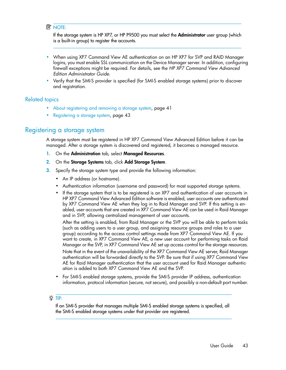 Registering a storage system | HP XP Array Manager Software User Manual | Page 43 / 282