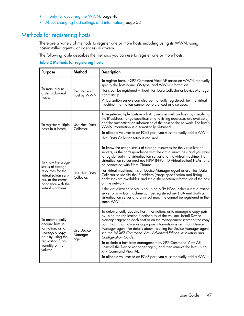 Methods for registering hosts | HP XP Array Manager Software User Manual | Page 47 / 282