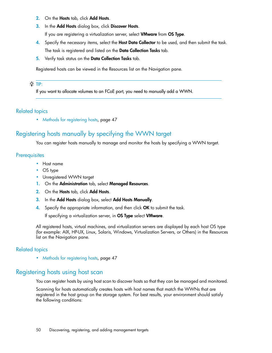 Registering hosts using host scan, 50 registering hosts using host scan | HP XP Array Manager Software User Manual | Page 50 / 282