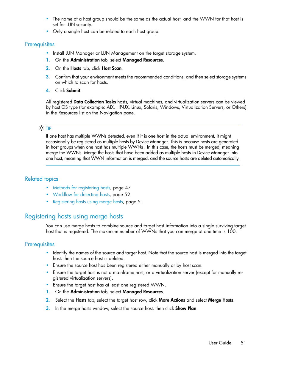 Registering hosts using merge hosts | HP XP Array Manager Software User Manual | Page 51 / 282