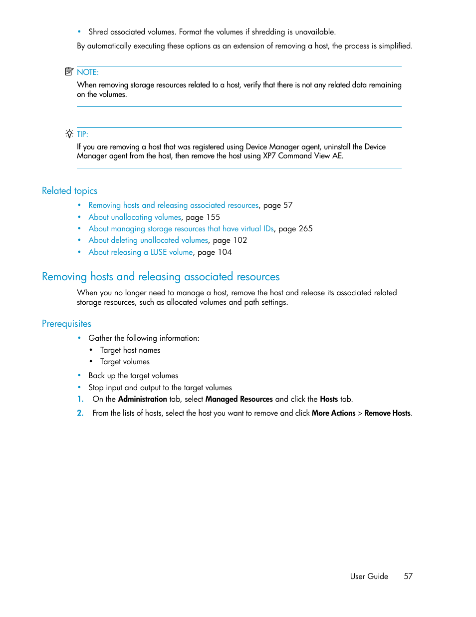Removing hosts and releasing associated resources | HP XP Array Manager Software User Manual | Page 57 / 282