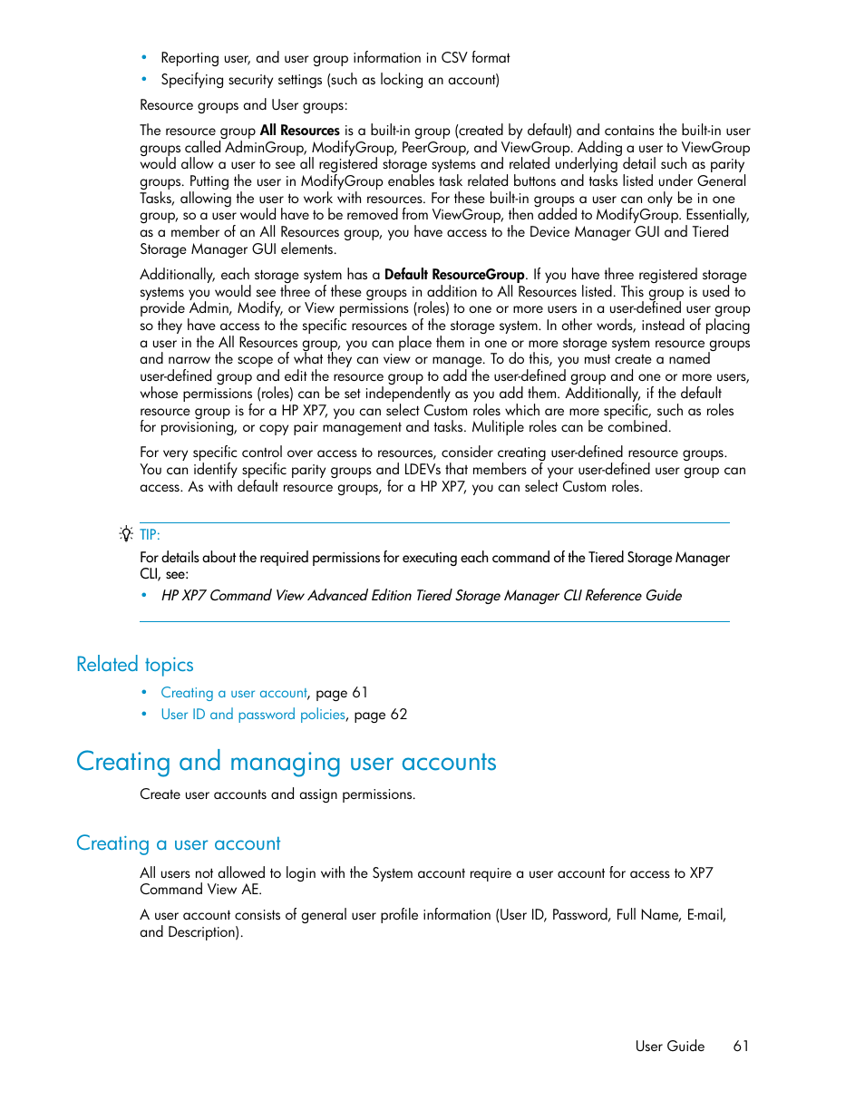 Creating and managing user accounts, Creating a user account, Creating and managing user | Accounts, Related topics | HP XP Array Manager Software User Manual | Page 61 / 282