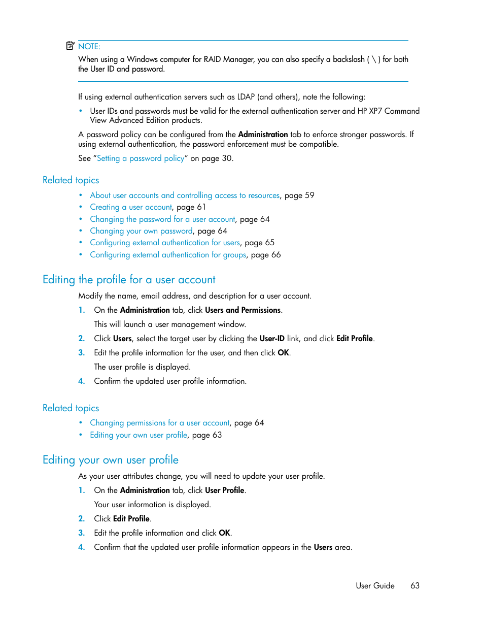 Editing the profile for a user account, Editing your own user profile, 63 editing your own user profile | HP XP Array Manager Software User Manual | Page 63 / 282