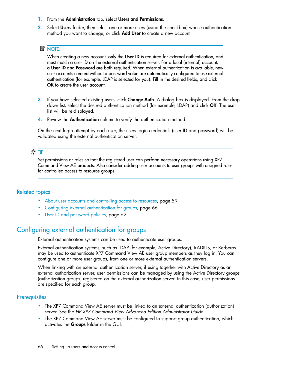 Configuring external authentication for groups | HP XP Array Manager Software User Manual | Page 66 / 282