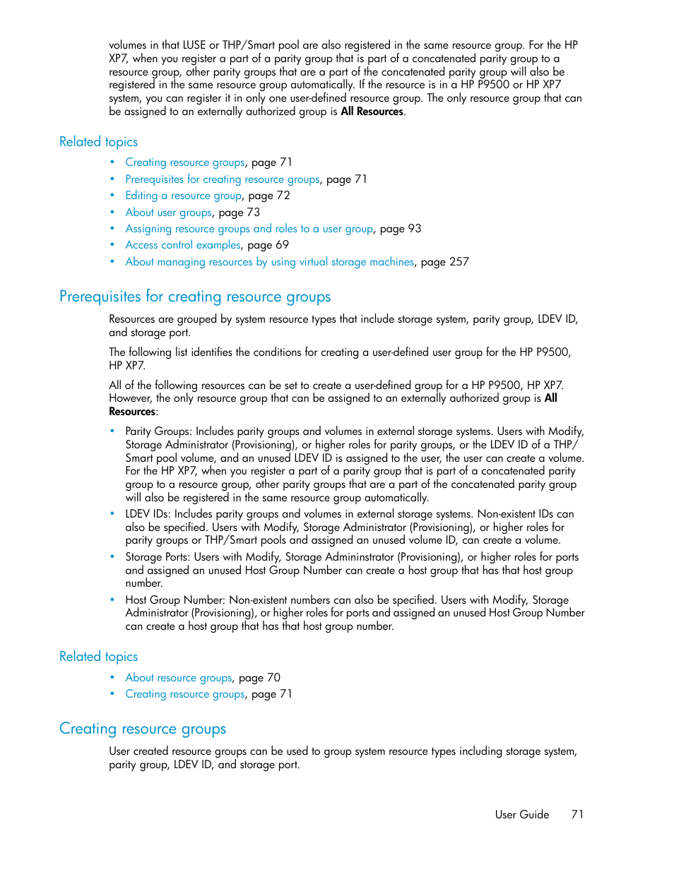 Prerequisites for creating resource groups, Creating resource groups, 71 creating resource groups | HP XP Array Manager Software User Manual | Page 71 / 282