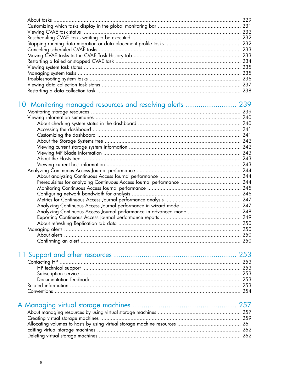 11 support and other resources, A managing virtual storage machines | HP XP Array Manager Software User Manual | Page 8 / 282