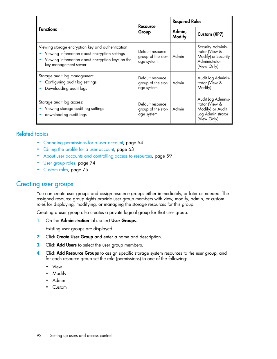 Creating user groups | HP XP Array Manager Software User Manual | Page 92 / 282