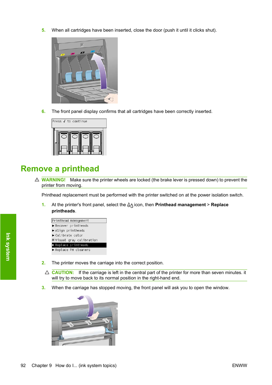 Remove a printhead | HP Designjet 4520 Printer series User Manual | Page 102 / 235