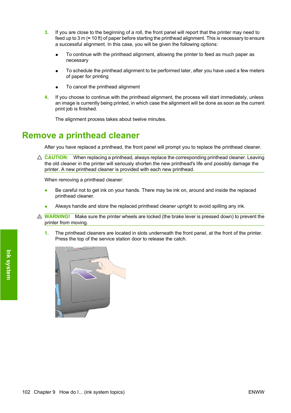 Remove a printhead cleaner, Remove a | HP Designjet 4520 Printer series User Manual | Page 112 / 235