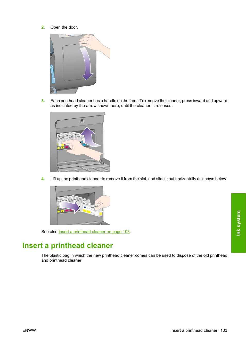 Insert a printhead cleaner | HP Designjet 4520 Printer series User Manual | Page 113 / 235