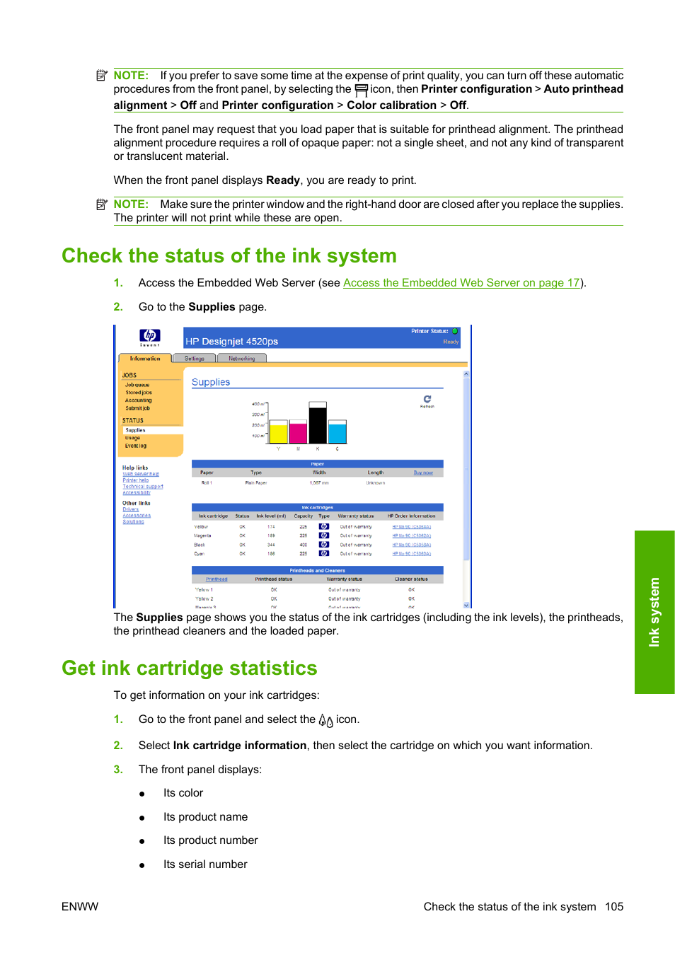 Check the status of the ink system, Get ink cartridge statistics | HP Designjet 4520 Printer series User Manual | Page 115 / 235