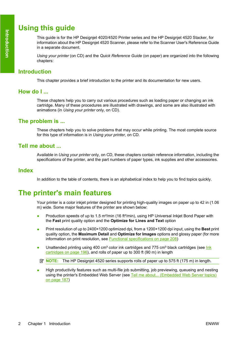 Using this guide, Introduction, How do i | The problem is, Tell me about, Index, The printer's main features, Using this guide the printer's main features | HP Designjet 4520 Printer series User Manual | Page 12 / 235
