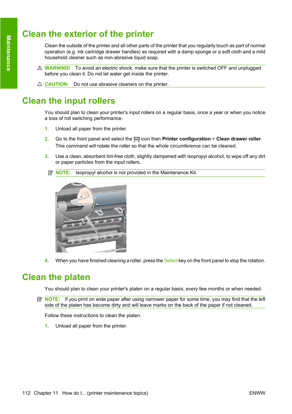 Clean the exterior of the printer, Clean the input rollers, Clean the platen | HP Designjet 4520 Printer series User Manual | Page 122 / 235