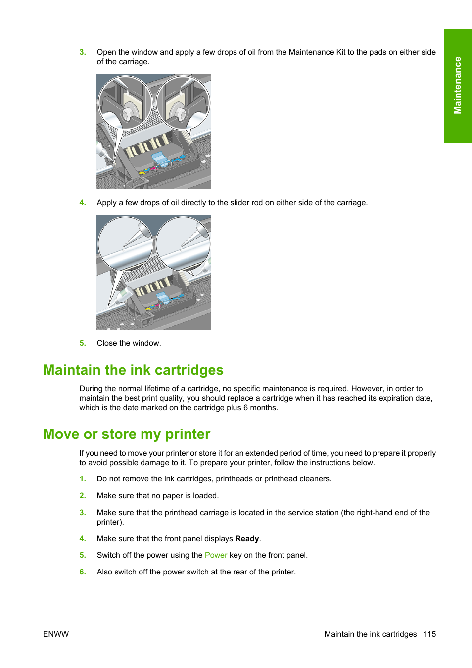 Maintain the ink cartridges, Move or store my printer | HP Designjet 4520 Printer series User Manual | Page 125 / 235