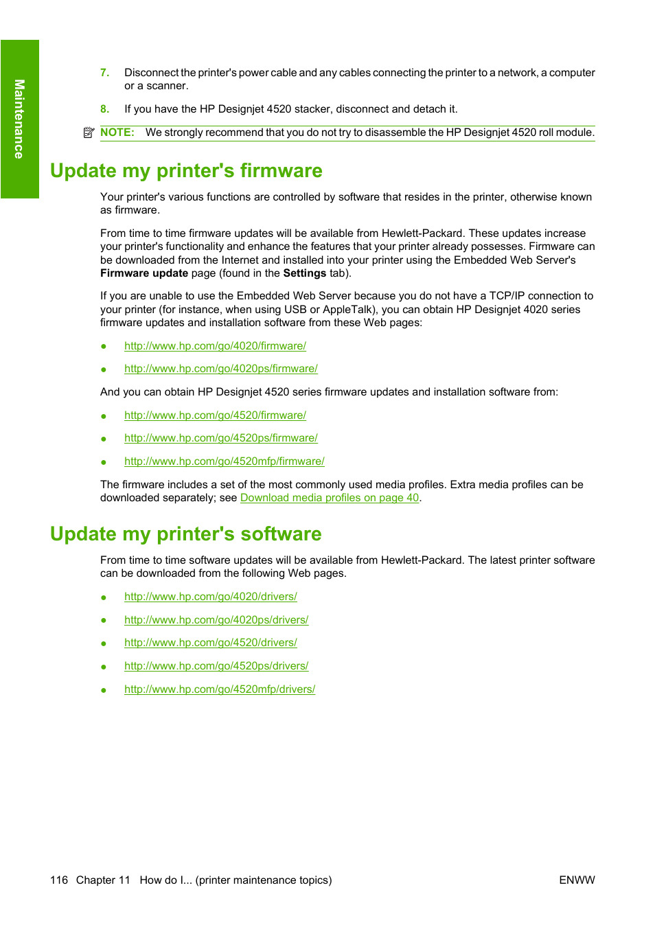 Update my printer's firmware, Update my printer's software, Update | HP Designjet 4520 Printer series User Manual | Page 126 / 235