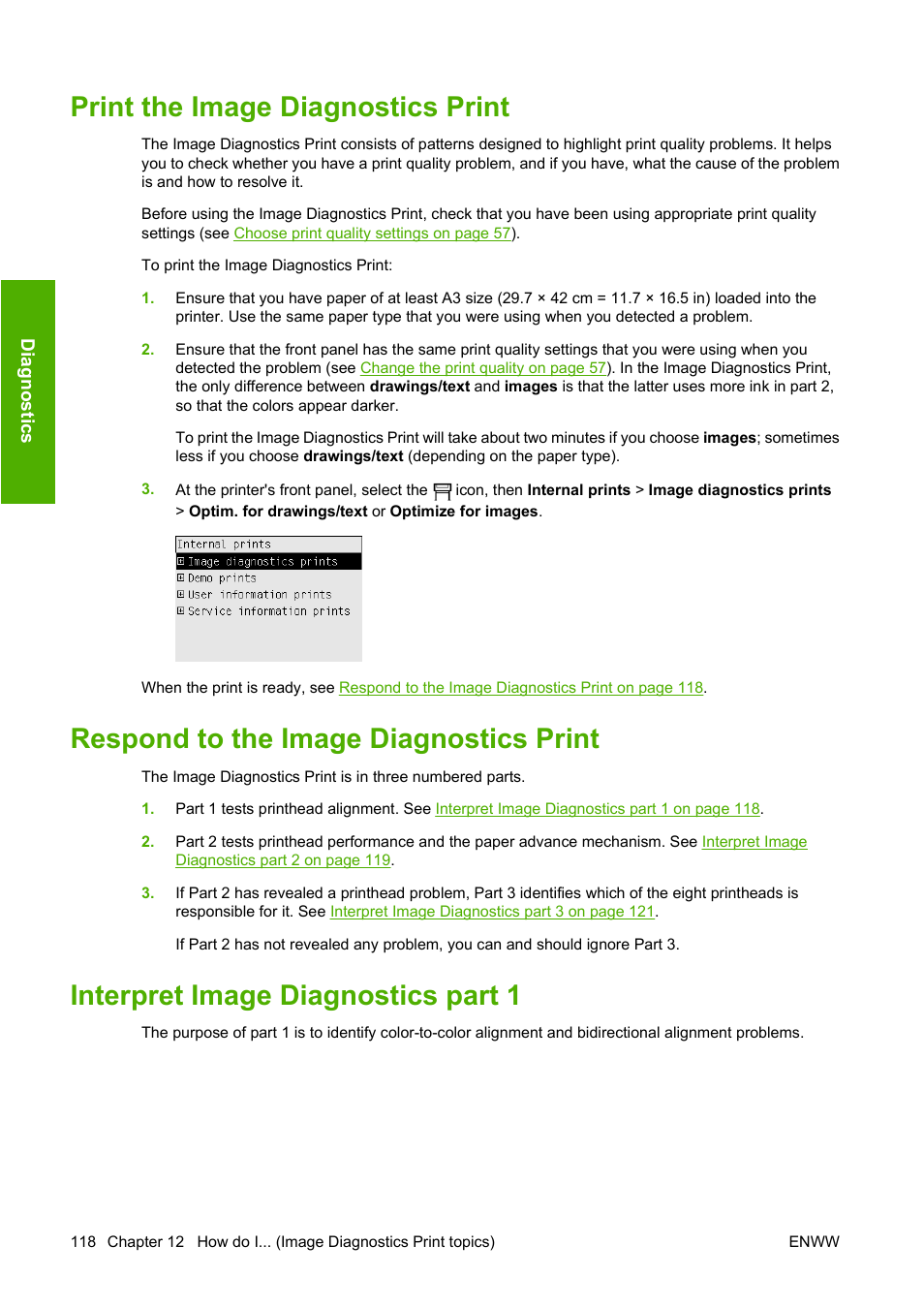 Print the image diagnostics print, Respond to the image diagnostics print, Interpret image diagnostics part 1 | HP Designjet 4520 Printer series User Manual | Page 128 / 235
