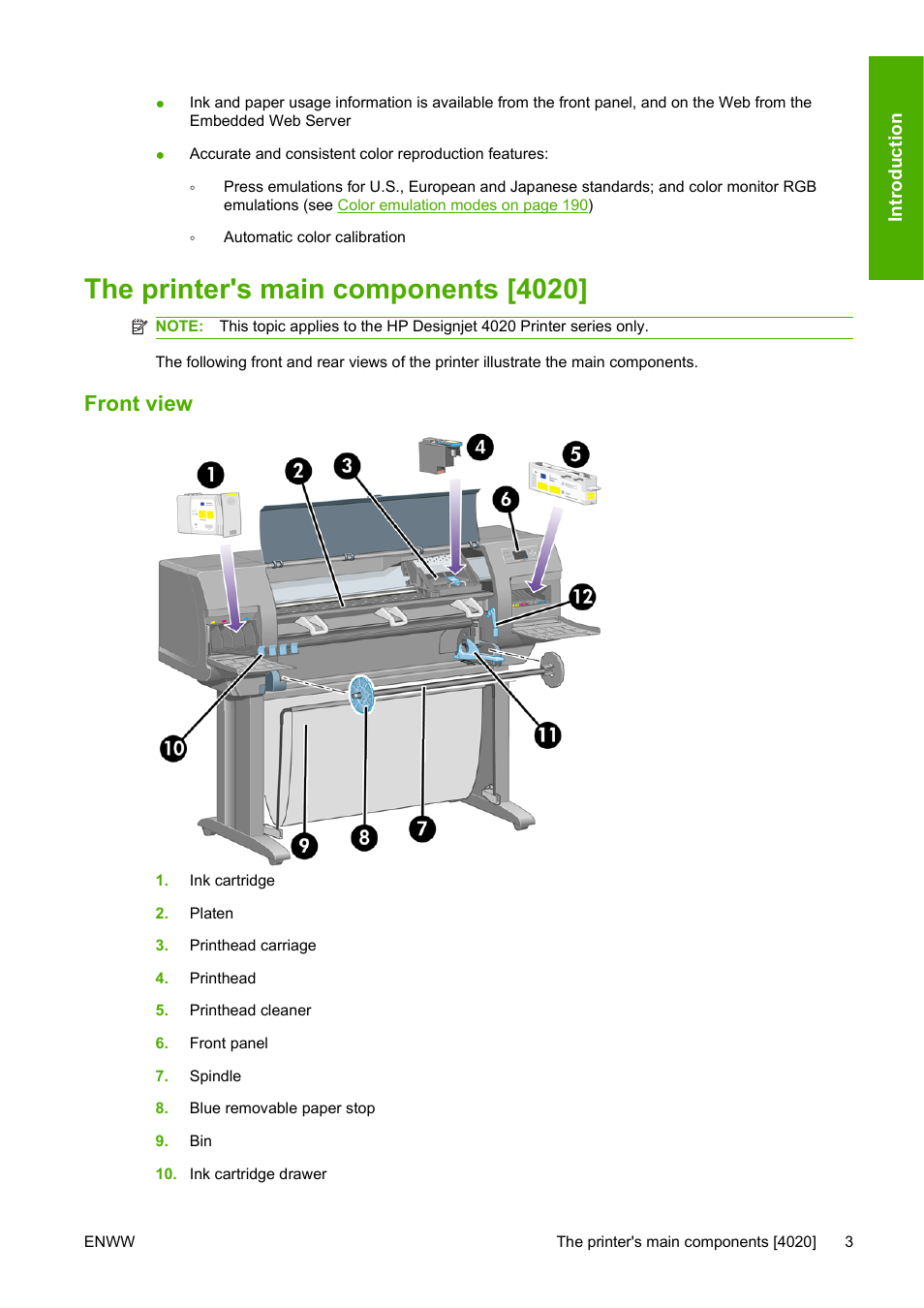 The printer's main components [4020, Front view | HP Designjet 4520 Printer series User Manual | Page 13 / 235