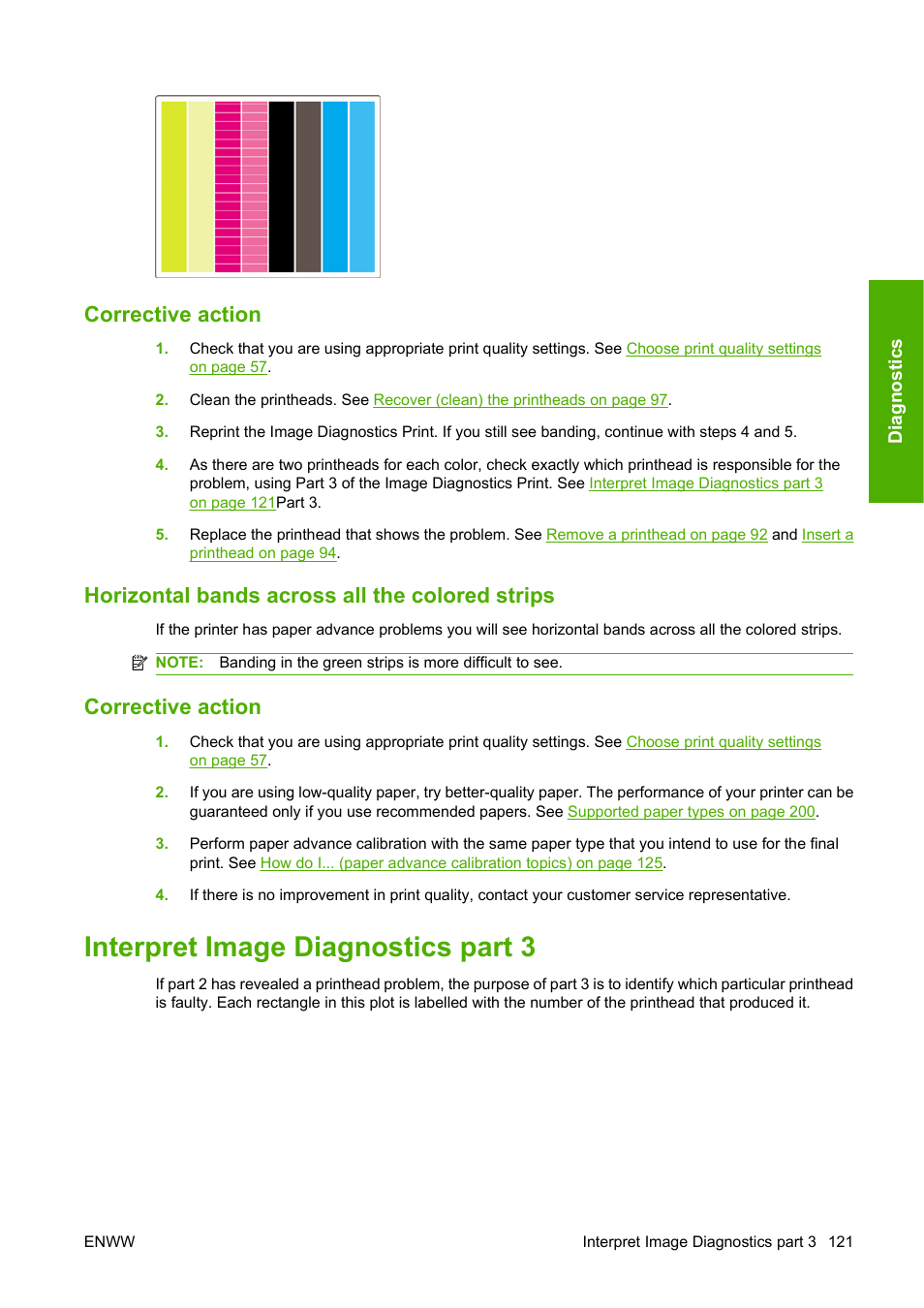 Corrective action, Horizontal bands across all the colored strips, Interpret image diagnostics part 3 | HP Designjet 4520 Printer series User Manual | Page 131 / 235