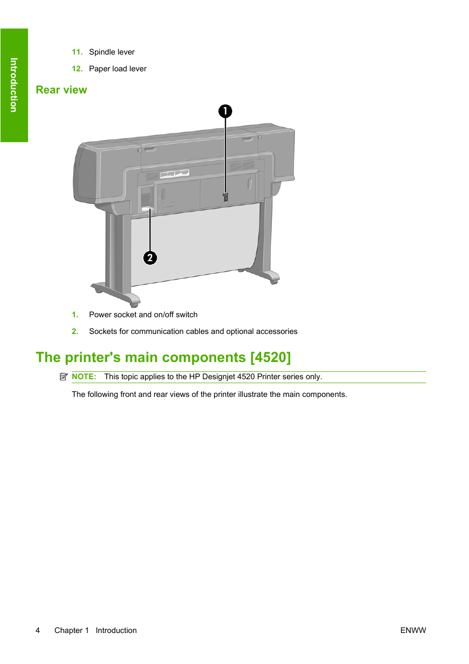 Rear view, The printer's main components [4520 | HP Designjet 4520 Printer series User Manual | Page 14 / 235