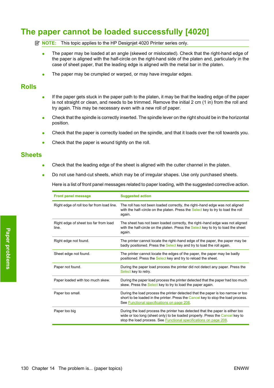 The paper cannot be loaded successfully [4020, Rolls, Sheets | The paper, Pa pe r pro b le ms | HP Designjet 4520 Printer series User Manual | Page 140 / 235