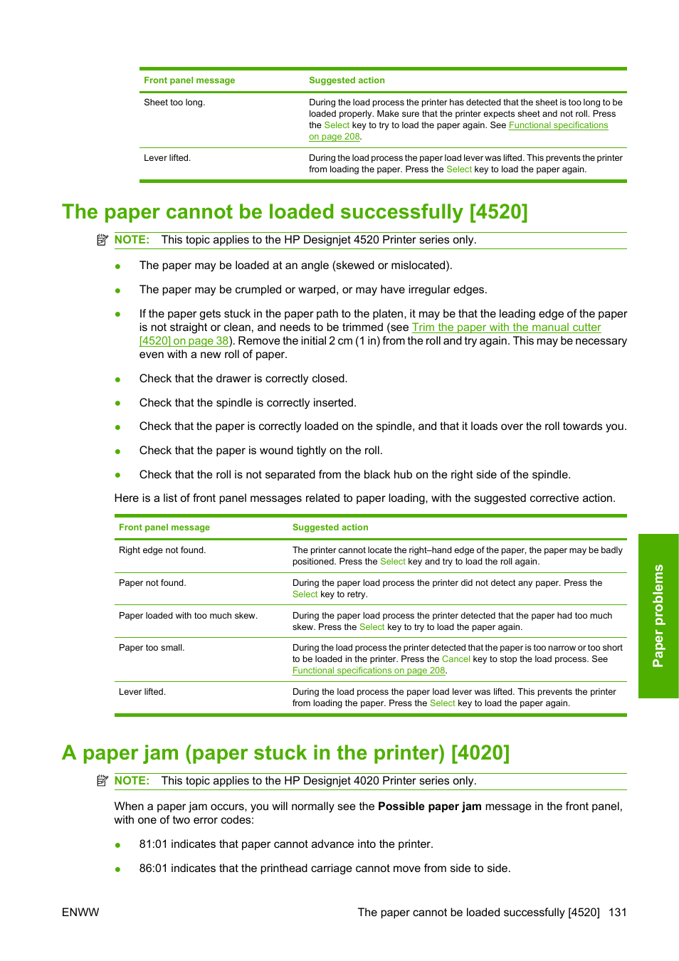 The paper cannot be loaded successfully [4520, A paper jam (paper stuck in the printer) [4020, Pa pe r pro b le ms | HP Designjet 4520 Printer series User Manual | Page 141 / 235