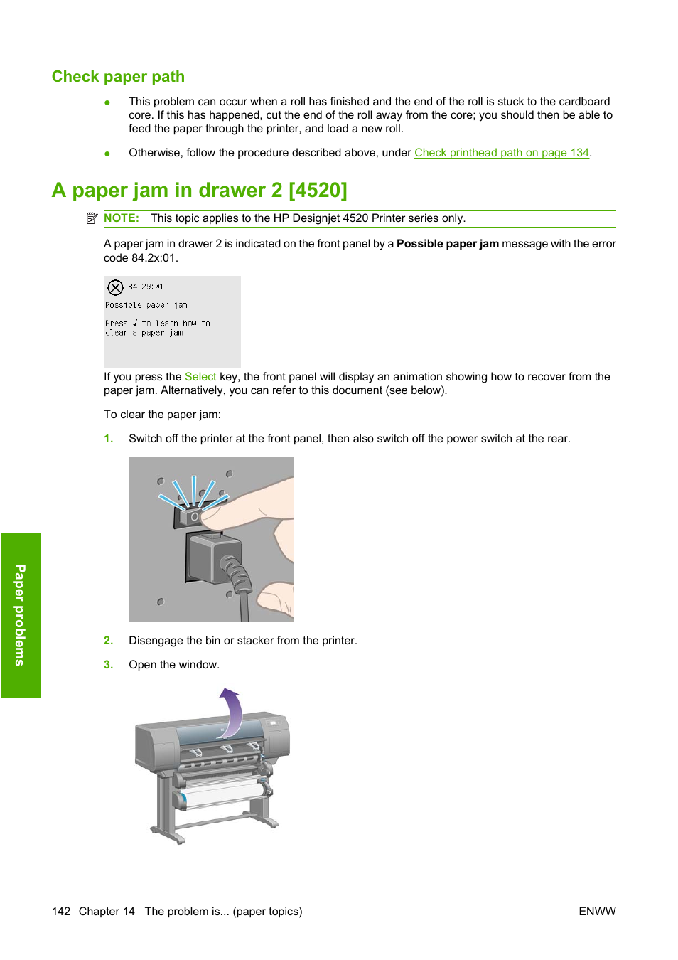 Check paper path, A paper jam in drawer 2 [4520 | HP Designjet 4520 Printer series User Manual | Page 152 / 235