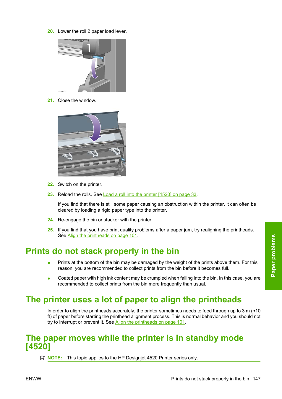 Prints do not stack properly in the bin | HP Designjet 4520 Printer series User Manual | Page 157 / 235